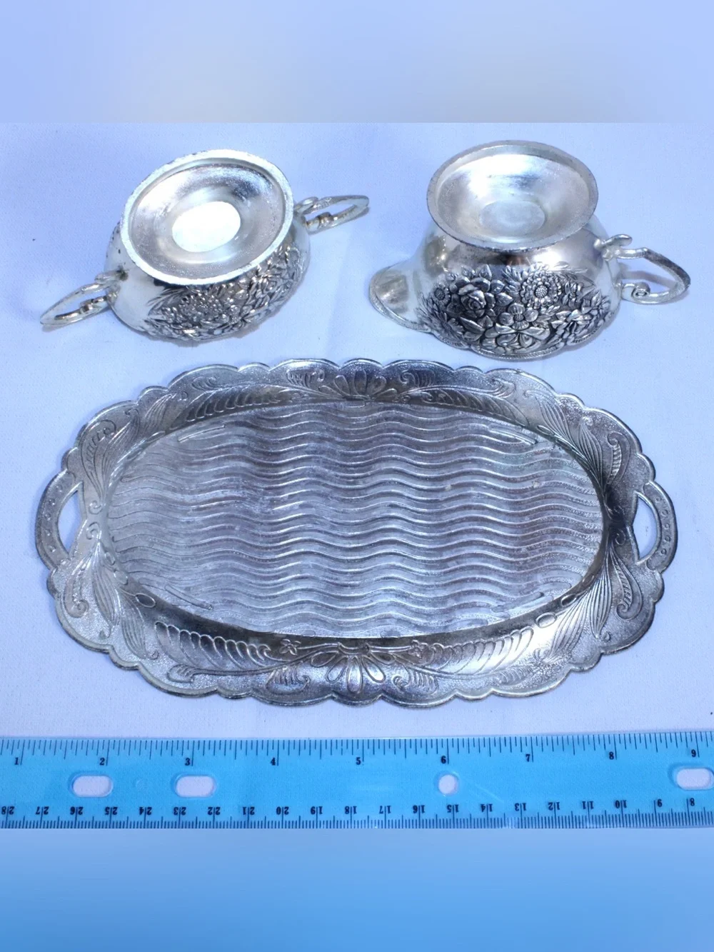 Vintage MCM 3-piece Art Nouveau Silver-Plated cream and sugar Serving tray Set